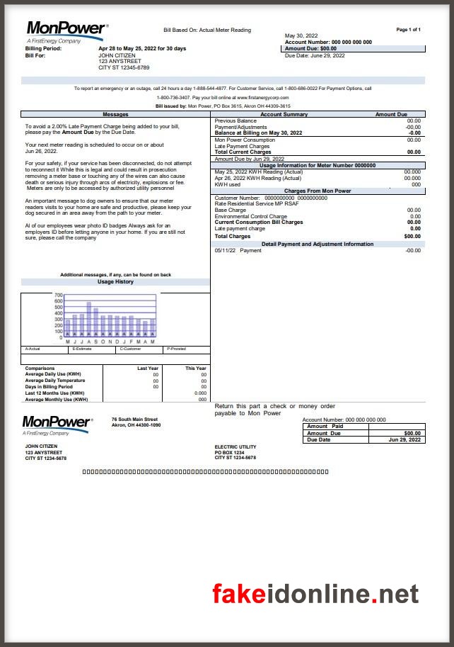 Appalachian Power Company (VA/WV/TN) Utility Bill Template